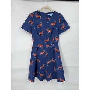 Draper James Deer‎ Novelty Print Mini Dress Women 2 Blue Forest Nature Woodland